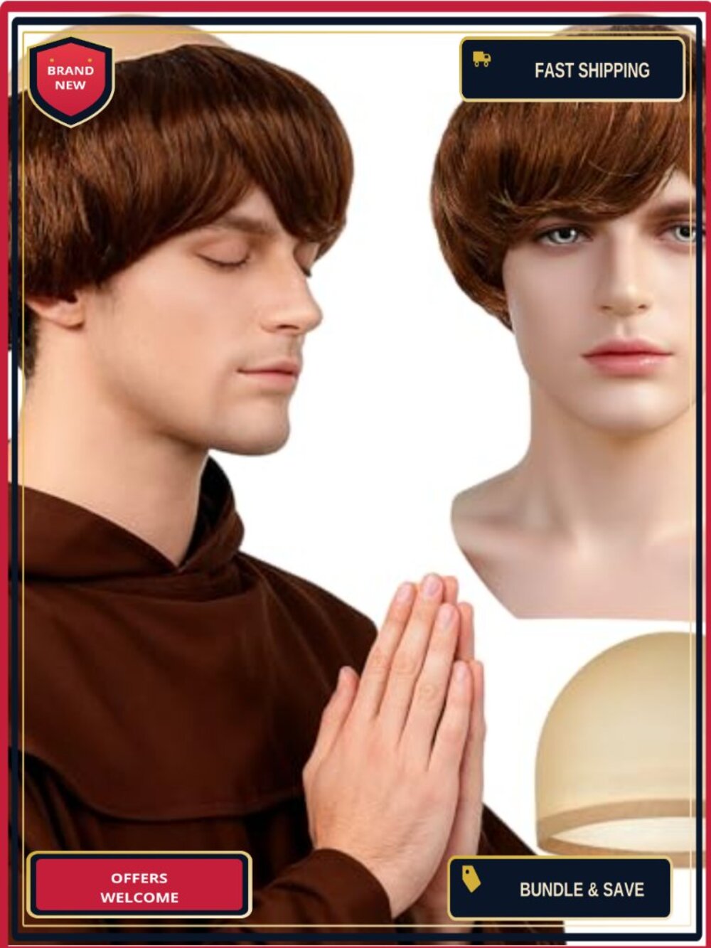 Mens Monk Wig Bald Cap Halloween Cosplay Costume Friar Fancy Dress